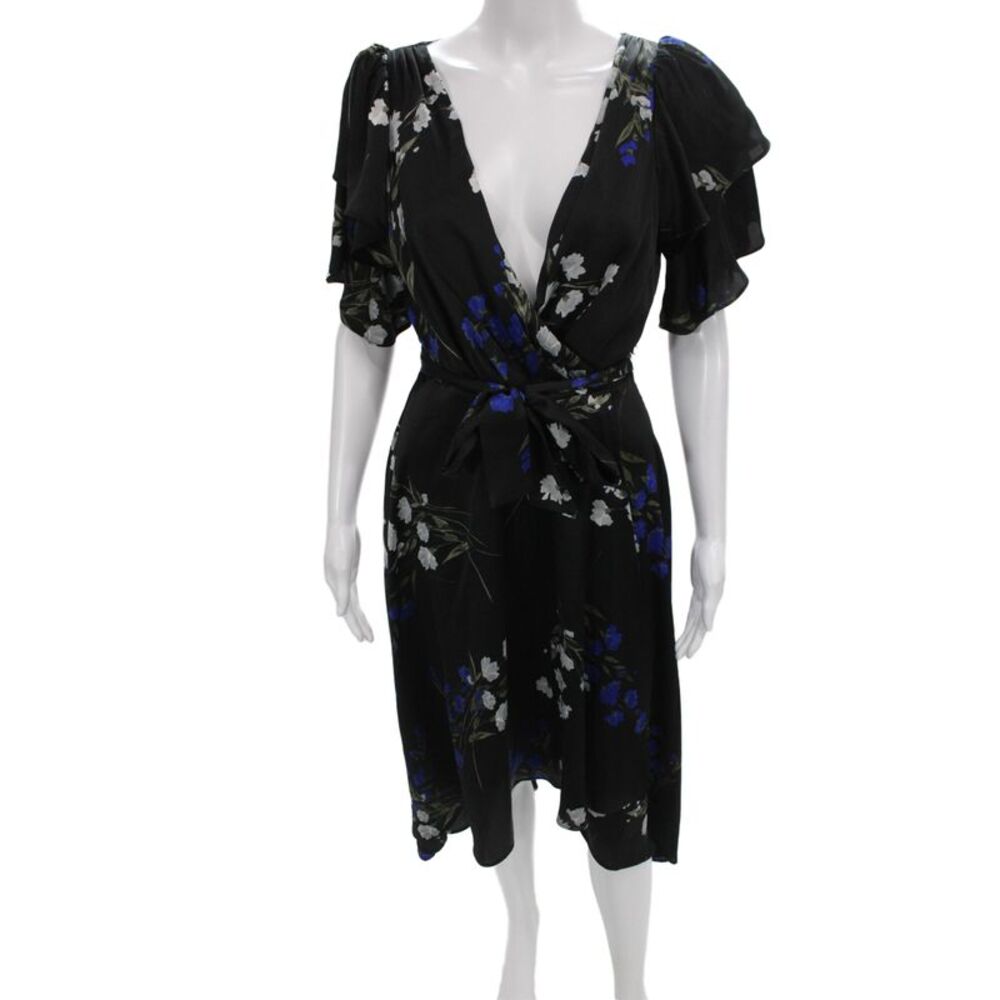 DKNY Women Wrap Dress Black V-Neck Short Sleeve Midi Floral Tie Size 6